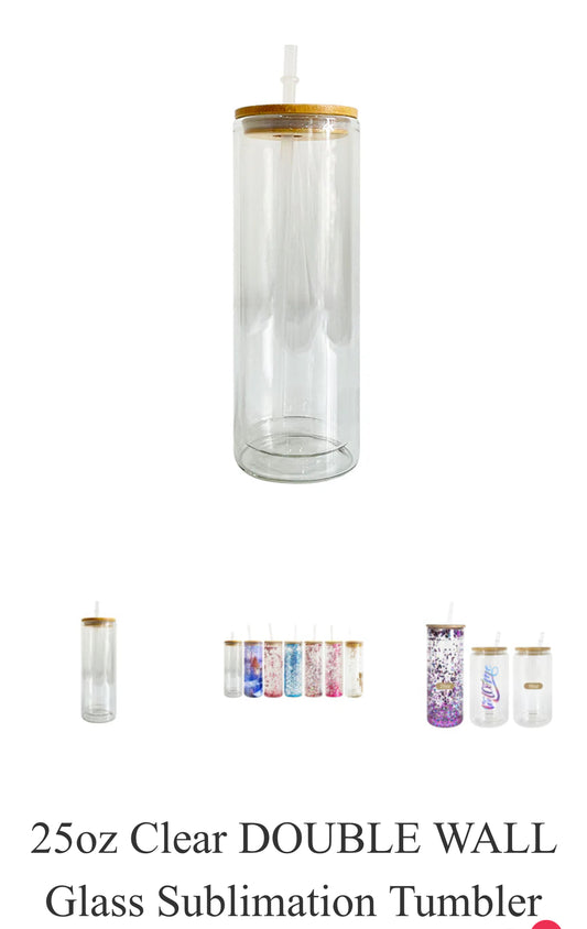 25oz Clear Double Wall Glass Glitter Tumbler